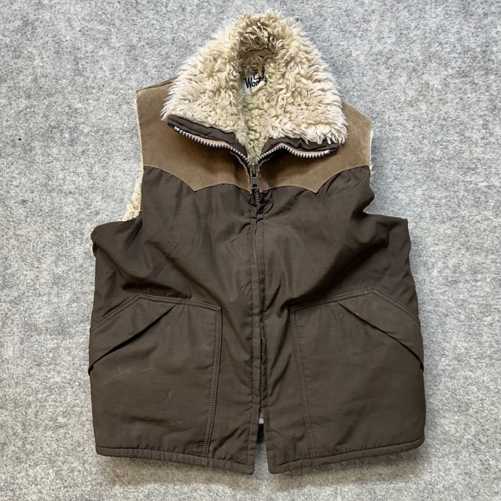 Woolrich Western Vest Mens Large Brown Suede Yoke Sherpa Lined Vintage